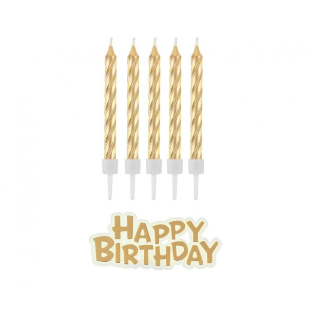 Zlaté špirálové sviečky s nápisom Happy Birthday (16 ks)
