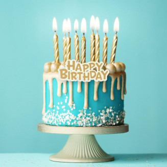 Zlaté špirálové sviečky s nápisom Happy Birthday (16 ks)