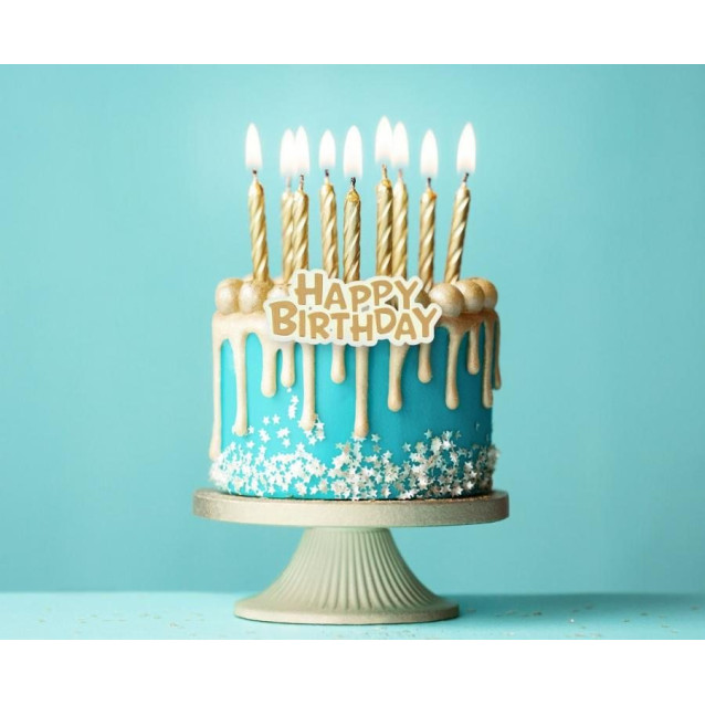 Zlaté špirálové sviečky s nápisom Happy Birthday (16 ks)