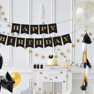 Girlanda „Happy Birthday“ čierno-zlatá – elegantný narodeninový banner