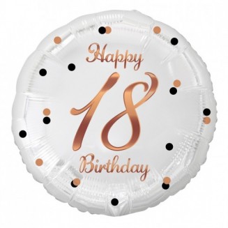 Fóliový balón B&C Happy 18 Birthday, biely, potlač ružového zlata, veľ.18