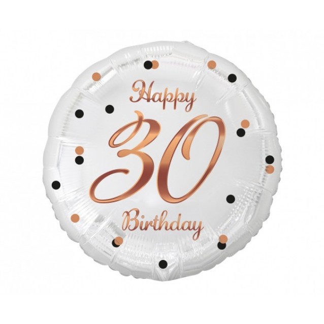 Fóliový balón B&C Happy 30 Birthday, biely, potlač ružového zlata, veľ.18