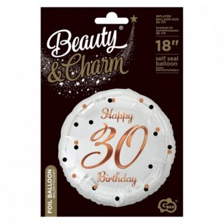 Fóliový balón B&C Happy 30 Birthday, biely, potlač ružového zlata, veľ.18