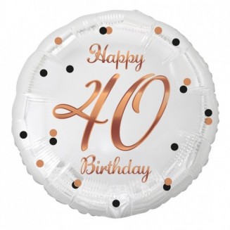 Fóliový balón B&C Happy 40 Birthday, biely, potlač ružového zlata, veľ.18