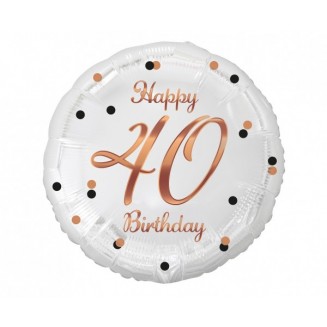 Fóliový balón B&C Happy 40 Birthday, biely, potlač ružového zlata, veľ.18