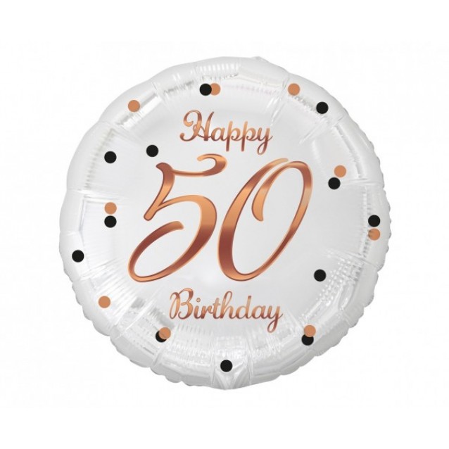 Fóliový balón B&C Happy 50 Birthday, biely, potlač ružového zlata, veľ.18