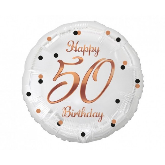Fóliový balón B&C Happy 50 Birthday, biely, potlač ružového zlata, veľ.18