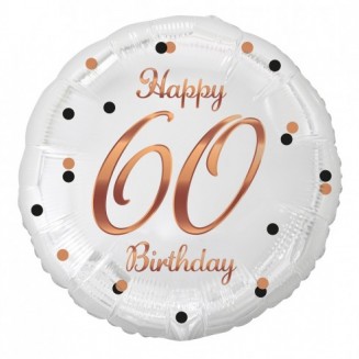 Fóliový balón B&C Happy 60 Birthday, biely, potlač ružového zlata, veľ.18