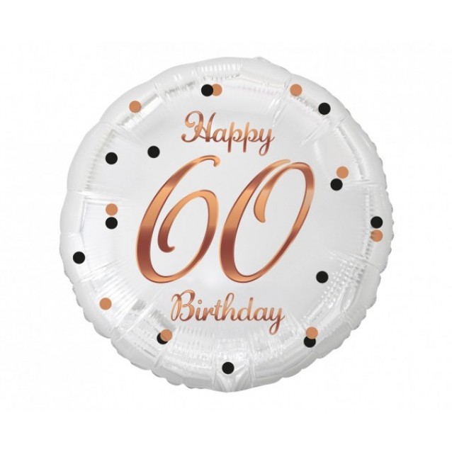 Fóliový balón B&C Happy 60 Birthday, biely, potlač ružového zlata, veľ.18