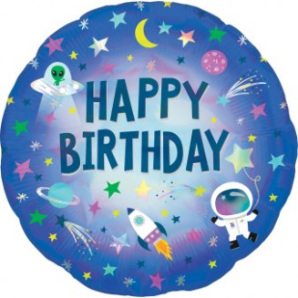 Fóliový balón holografický, Happy Birthday, cesta do vesmíru, veľ.18