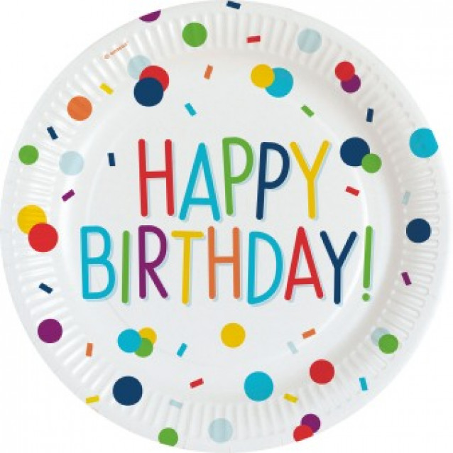 Papierový tanier Happy Birthday konfetti, 23cm/8ks