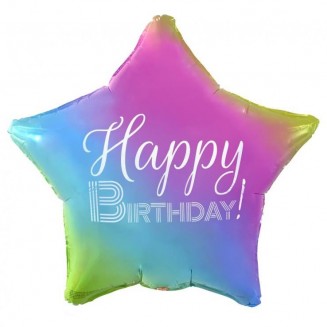 Fóliový balónik Happy Birthday, hviezda s prechodom, biela potlač, 19"