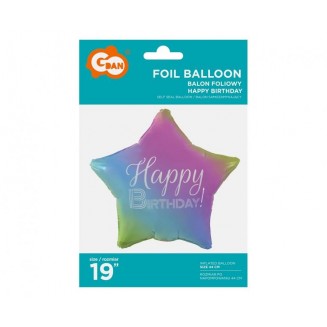 Fóliový balónik Happy Birthday, hviezda s prechodom, biela potlač, 19"