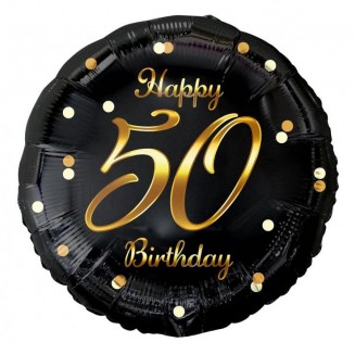 B&C Happy 50 Birthday fóliový balón, čierny, zlatá potlač, 18"