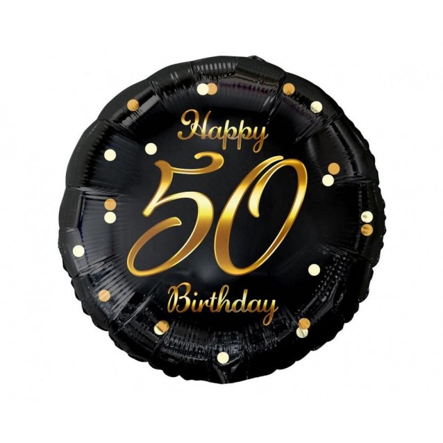 B&C Happy 50 Birthday fóliový balón, čierny, zlatá podtlač, 18"