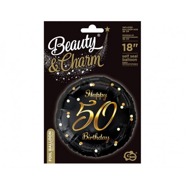 B&C Happy 50 Birthday fóliový balón, čierny, zlatá podtlač, 18"