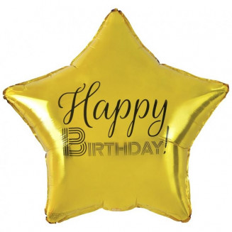 Fóliový balónik Happy Birthday, hviezda zlatá, čierna podtlač, 45cm