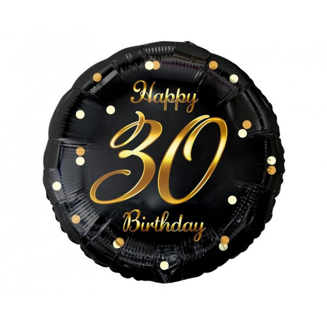 B&C Happy 30 Birthday fóliový balón, čierny, zlatá podtlač, 18"