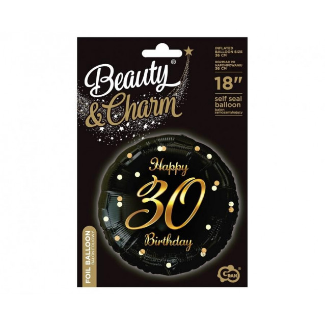 B&C Happy 30 Birthday fóliový balón, čierny, zlatá podtlač, 18"
