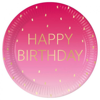 Rúžovo-zlaté papierové taniere „Happy Birthday“ – 23 cm,/8 ks