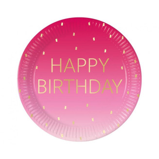 Rúžovo-zlaté papierové taniere „Happy Birthday“ – 23 cm,/8 ks