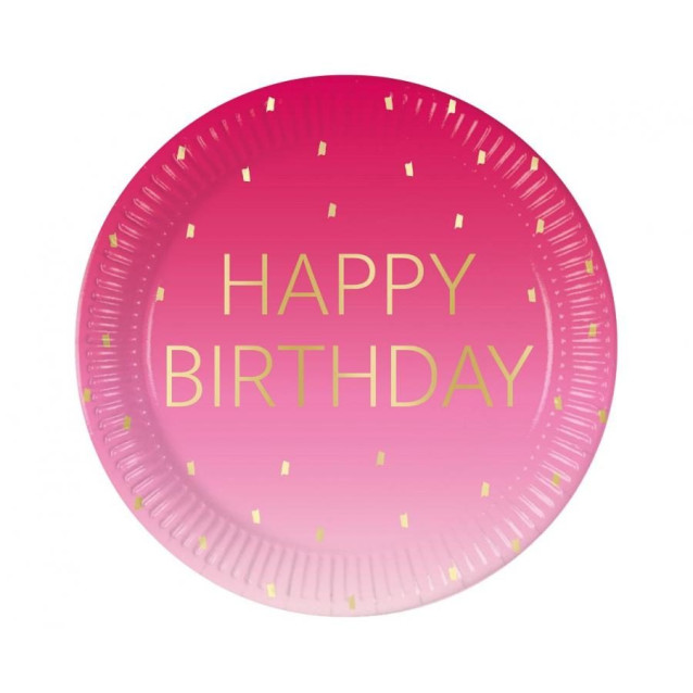 Rúžovo-zlaté papierové taniere „Happy Birthday“ – 23 cm,/8 ks