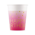 Ružovo-zlaté papierové poháre „Happy Birthday“ – 220 ml/8 ks