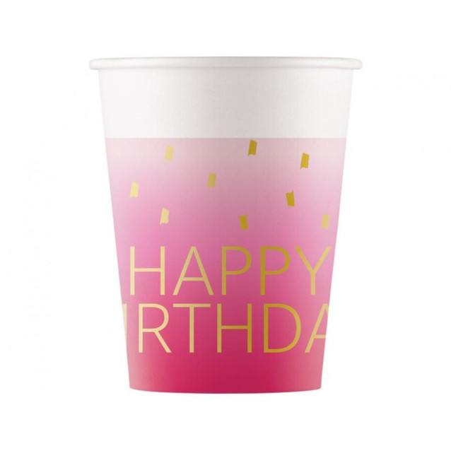 Ružovo-zlaté papierové poháre „Happy Birthday“ – 220 ml/8 ks